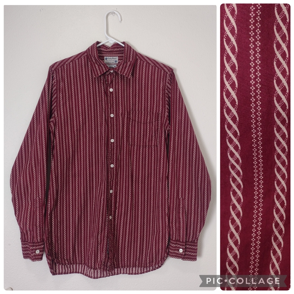 Vintage Lucky Brand Y2K Striped Long Sleeve Relaxed Button Up Shirt Burgundy Red